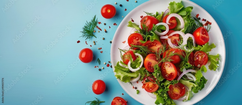 Healthy vegetarian meal with tomatoes onions and dill arranged on a white plate against a blue backdrop in a flat lay style with copy space image Healthy vegetarian meal with tomatoes onions and dill arranged on a white plate against a blue backdrop in a flat lay style with copy space image
