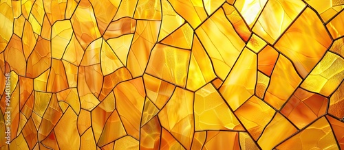 Vibrant yellow stained glass backdrop with a variety of shapes and a copyspace image
