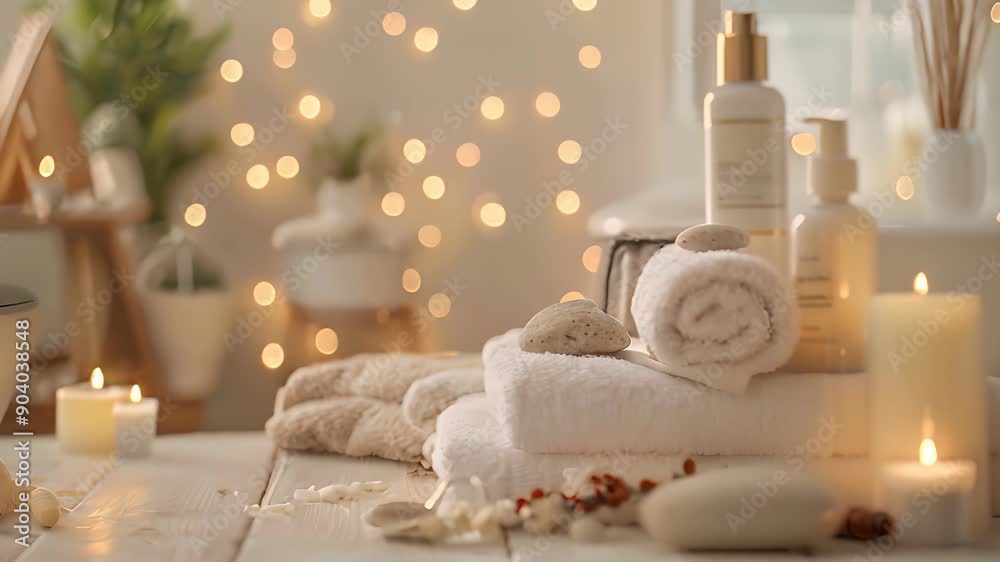 treatment composition such as Towels, candles, essential oils, Massage Stones on light wooden background. blur living room, natural creams and moisturizing Healthy lifestyle, body care treatment composition such as Towels, candles, essential oils, Massage Stones on light wooden background. blur living room, natural creams and moisturizing Healthy lifestyle, body care