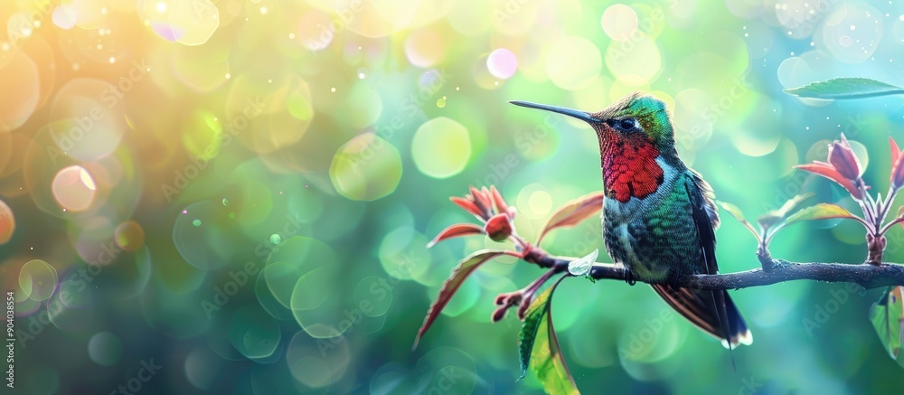 Naklejka premium Vivid hummingbird perched on a branch with copy space image