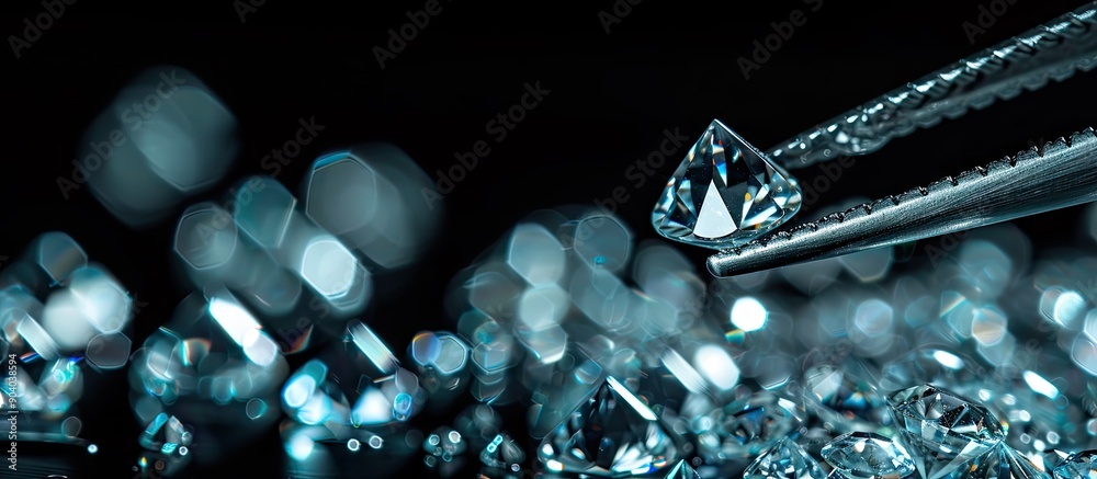 Tweezers authenticate a sparkling diamond pile against a black background in a close up copy space image Tweezers authenticate a sparkling diamond pile against a black background in a close up copy space image
