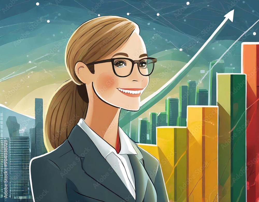Businesswoman with a bar graph in the background. Illustration. Vector. Businesswoman with a bar graph in the background. Illustration. Vector.