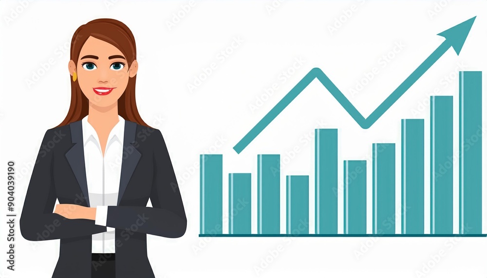 Businesswoman with a bar graph in the background. Illustration. Vector. Businesswoman with a bar graph in the background. Illustration. Vector.