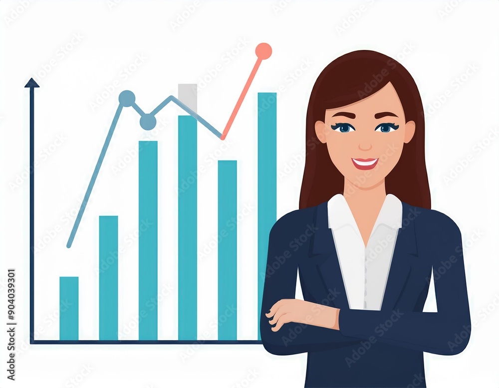 Businesswoman with a bar graph in the background. Illustration. Vector. Businesswoman with a bar graph in the background. Illustration. Vector.