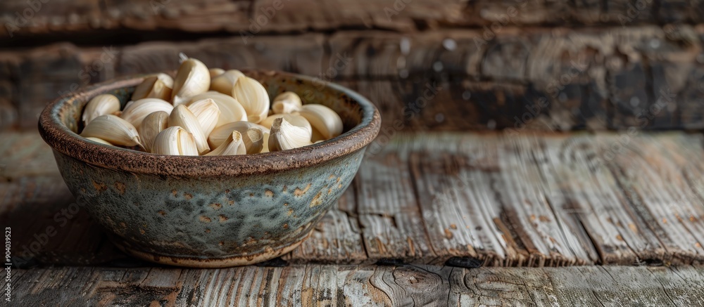 Garlic cloves in a ceramic bowl on a rustic wooden table with copy space image Garlic cloves in a ceramic bowl on a rustic wooden table with copy space image