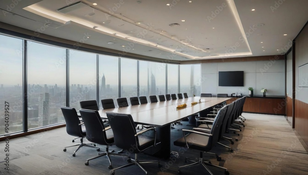 Sophisticated meeting room with a long table, chairs, and a cityscape view
Sophisticated meeting room with a long table, chairs, and a cityscape view