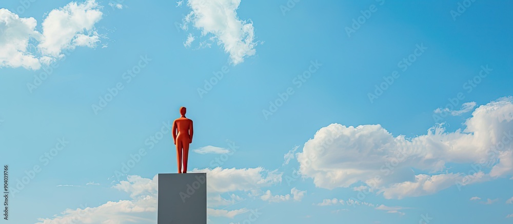 A plasticine figure on the top podium against a blue sky with clouds symbolizing leadership with copy space image A plasticine figure on the top podium against a blue sky with clouds symbolizing leadership with copy space image