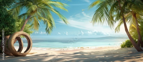 Fototapeta Naklejka Na Ścianę i Meble -  A tranquil tropical beach setting with palm trees a wooden circle on the sand and a clear blue sky above ideal for copy space image