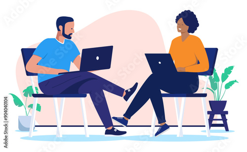 Two people sitting doing work with laptops - Focused man and woman colleagues working on computers together on chairs. Co-working and teamwork concept in flat design vector illustration