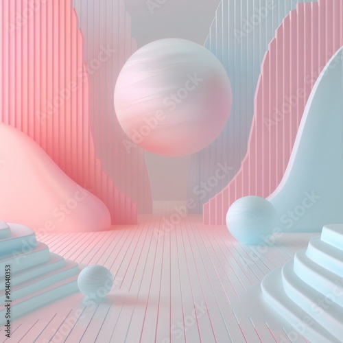 A surreal pastel landscape featuring geometric shapes and soft curves, creating a dreamy and modern abstract environment. photo