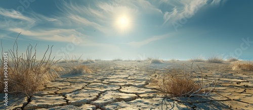 A barren landscape with parched earth and wilted grass creating a desolate scene in need of water under the glaring sun against a copy space image