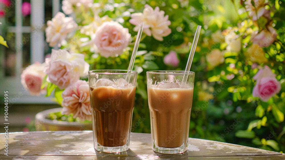 Two glasses of iced coffee in the garden, blooming roses and lush greenery, drink recipe idea for a hot summer day Two glasses of iced coffee in the garden, blooming roses and lush greenery, drink recipe idea for a hot summer day
