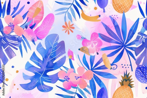 Tropical Watercolor Illustration with Blue Leaves, Pink Flowers, and Golden Pineapples