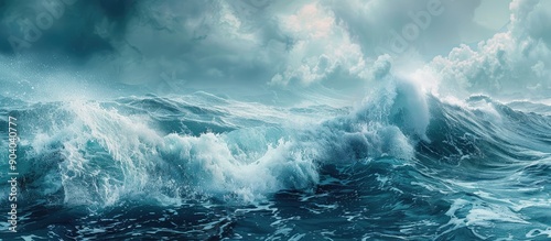 Panoramic format of stormy blue sea with breaking wave copy space image