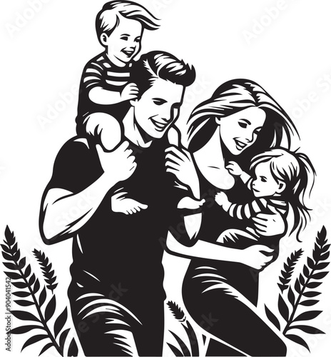 Couple giving two young children piggyback rides smiling Vector Illustration Silhouette