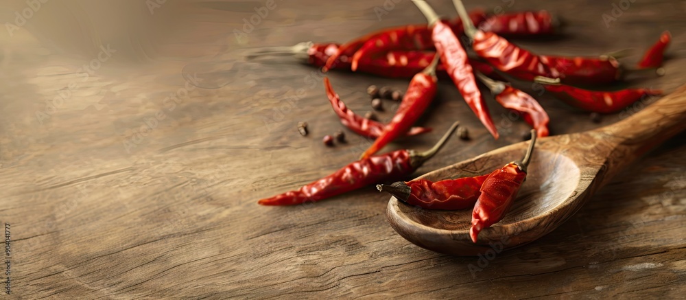 Naklejka premium Close up of wooden spoon with dried chili on table with copy space image