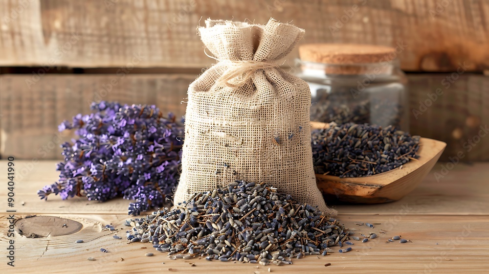 A bag of natural lavender tea on a wooden backdrop