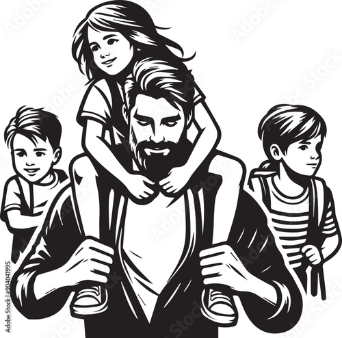 Couple giving two young children piggyback rides smiling Vector Illustration Silhouette