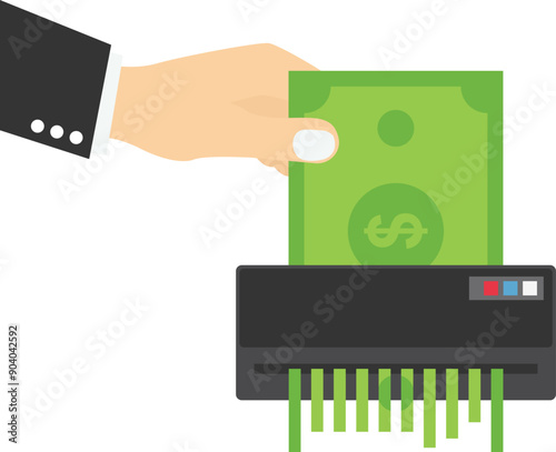 Money shred bad investment, scam, causing losing money. Flat vector illustration.

