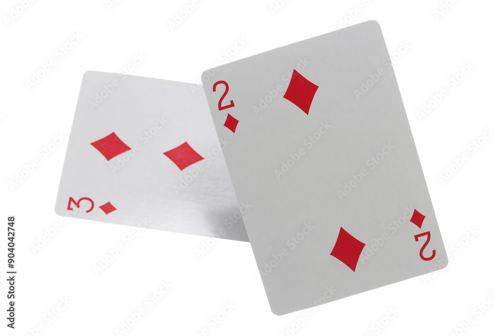 Obraz premium Flying playing card for poker and gambling, two and three diamond isolated on white, clipping path