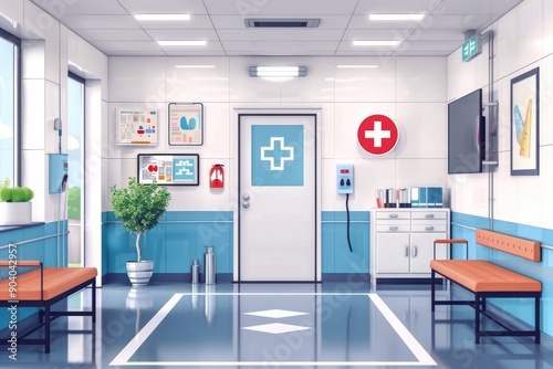 Hospital lobby with reception desk medical signage and waiting area representing a professional and welcoming healthcare environment