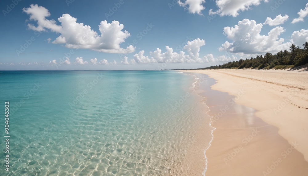 Wide-angle shot of a beautiful beach with golden sand, clear blue water, and a sunny sky
Wide-angle shot of a beautiful beach with golden sand, clear blue water, and a sunny sky