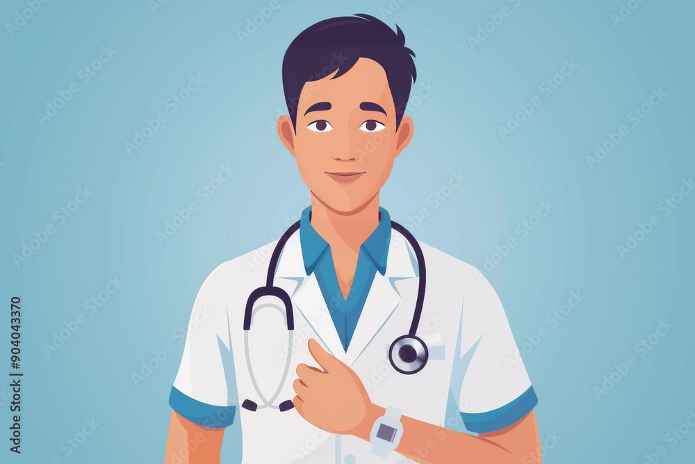 Male doctor in white coat with a stethoscope around his neck representing healthcare and medical expertise set against a light background Male doctor in white coat with a stethoscope around his neck representing healthcare and medical expertise set against a light background