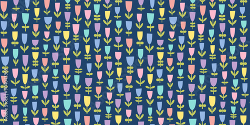 Pastel flowers on dark background, seamless pattern. 