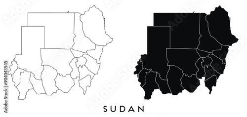Sudan map of regions districts vector black on white and outline
