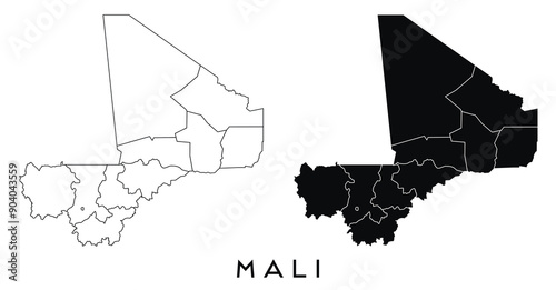 Mali map of regions districts vector black on white and outline
