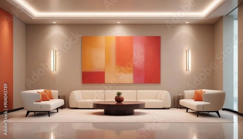 Elegant corporate lobby with contemporary furniture and abstract art 