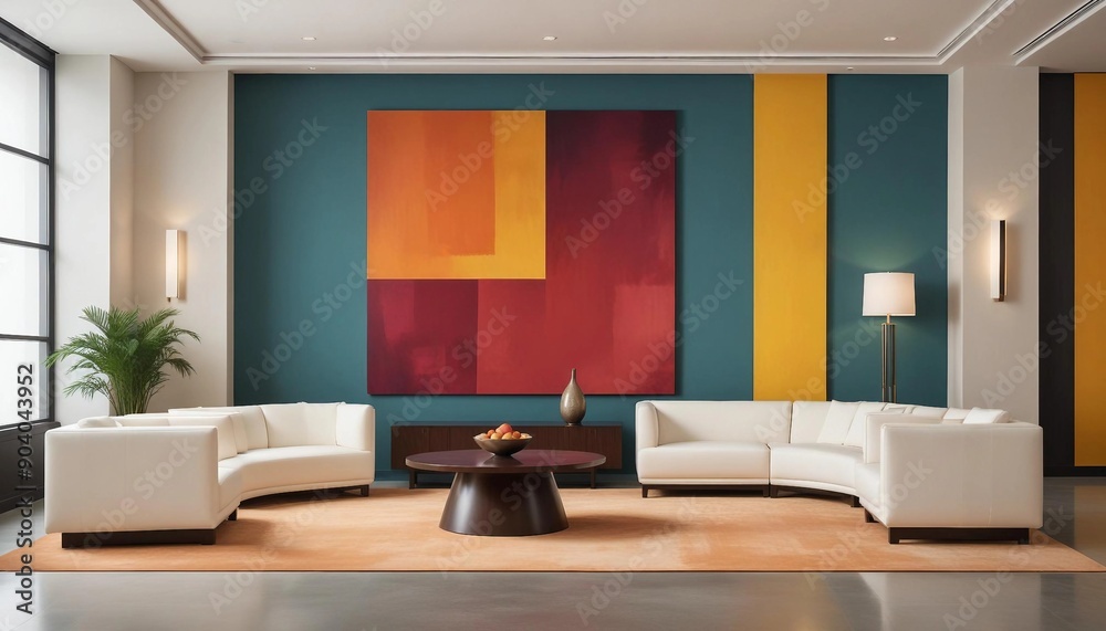 Elegant corporate lobby with contemporary furniture and abstract art
Elegant corporate lobby with contemporary furniture and abstract art