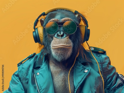 scary halloween monster Monkey wears glasses, wears a jacket, wears music headphones, dresses cool in various poses. No.21 photo