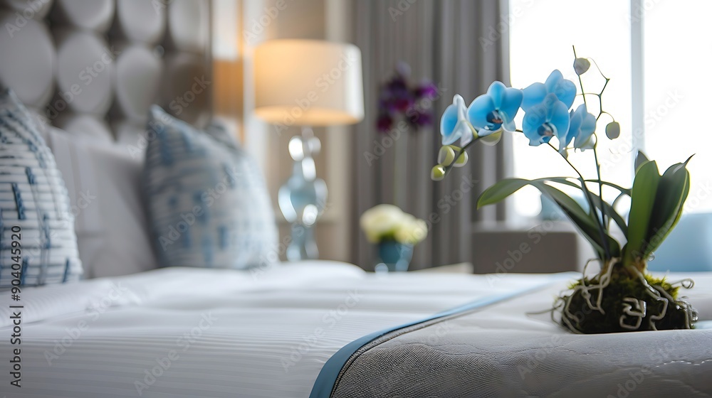 Fototapeta premium A beds gray footboard features textured pillows a lamp and a blue orchids flower