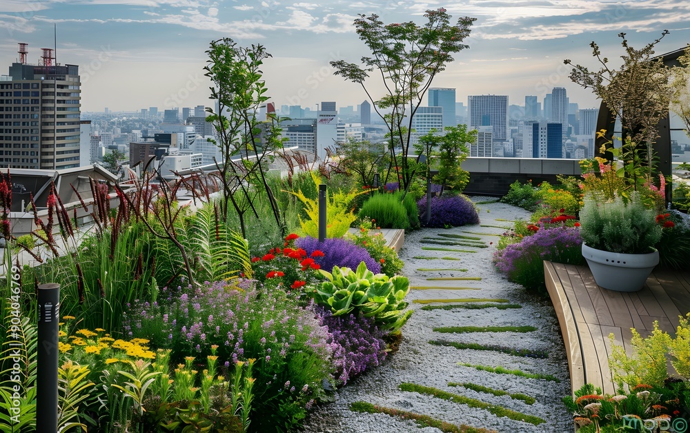 Naklejka premium Rooftop Vertical Gardens, Plants absorb pollutants and produce oxygen, improving the air quality, Noise Reduction, Biodiversity