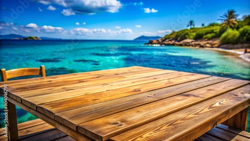 Idyllic empty wooden table set against a blurred backdrop of serene turquoise Mediterranean Sea in a sunny outdoor cafe.