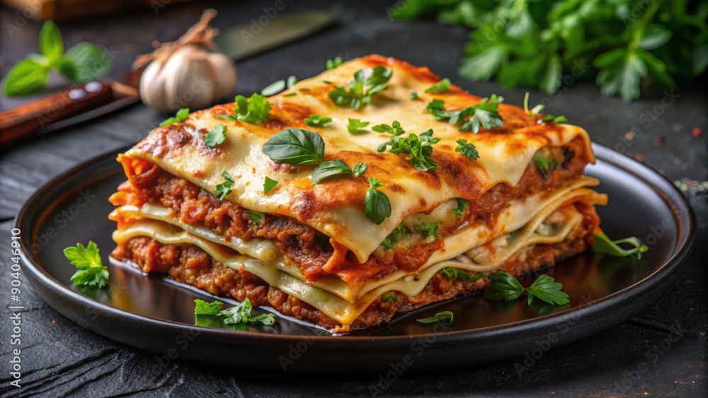Freshly cooked lasagna slices overflowing with melted cheese and herbs, beautifully presented on a dark plate with garnish. Freshly cooked lasagna slices overflowing with melted cheese and herbs, beautifully presented on a dark plate with garnish.
