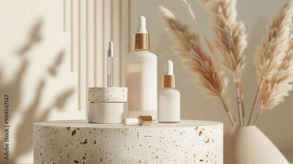 Beauty natural skincare product mockup. Serum Dropper Bottles on stone podium Beauty natural skincare product mockup. Serum Dropper Bottles on stone podium