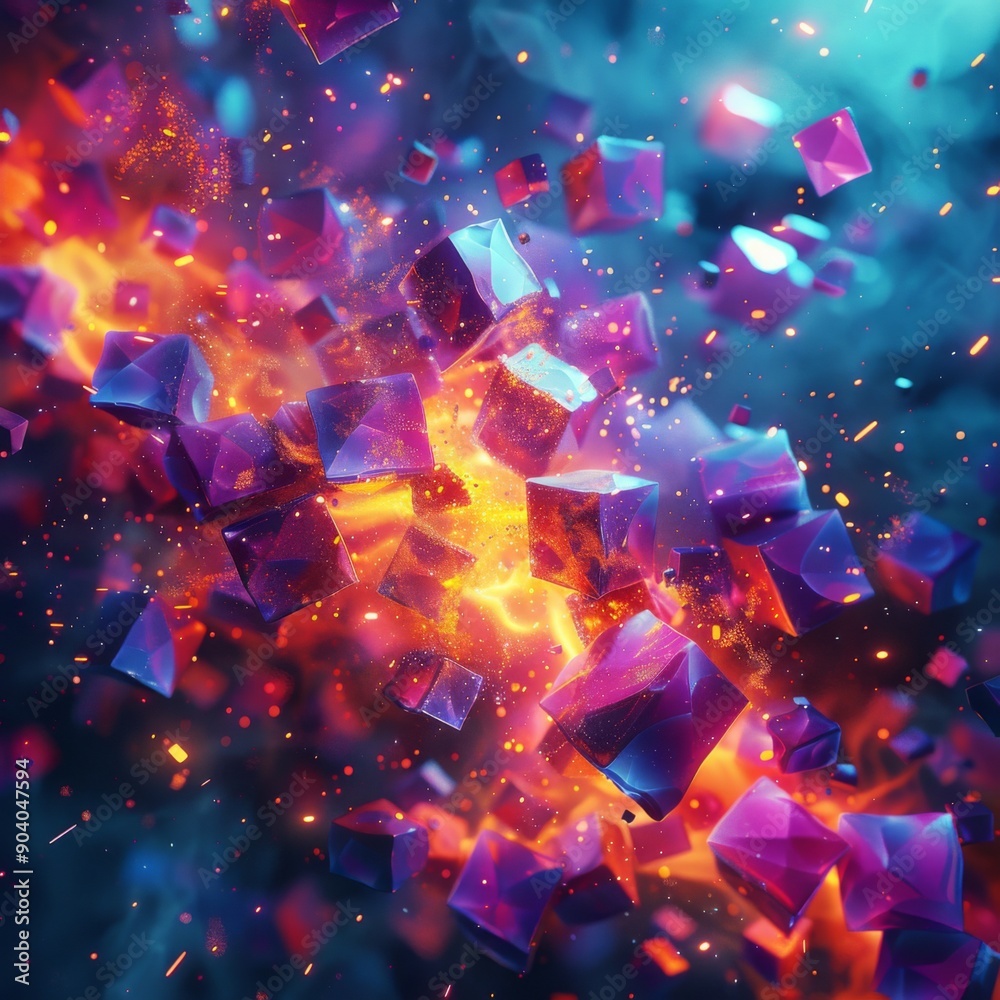 A vibrant explosion of crystal shapes with fiery accents, showcasing dynamic colors and a cosmic feel, perfect for abstract themes. A vibrant explosion of crystal shapes with fiery accents, showcasing dynamic colors and a cosmic feel, perfect for abstract themes.