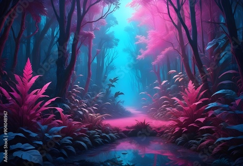 Wallpaper Mural A bright pink abstract background with a magical forest scene, complete with oversized plants and mysterious shadows, creating an enchanting atmosphere Torontodigital.ca