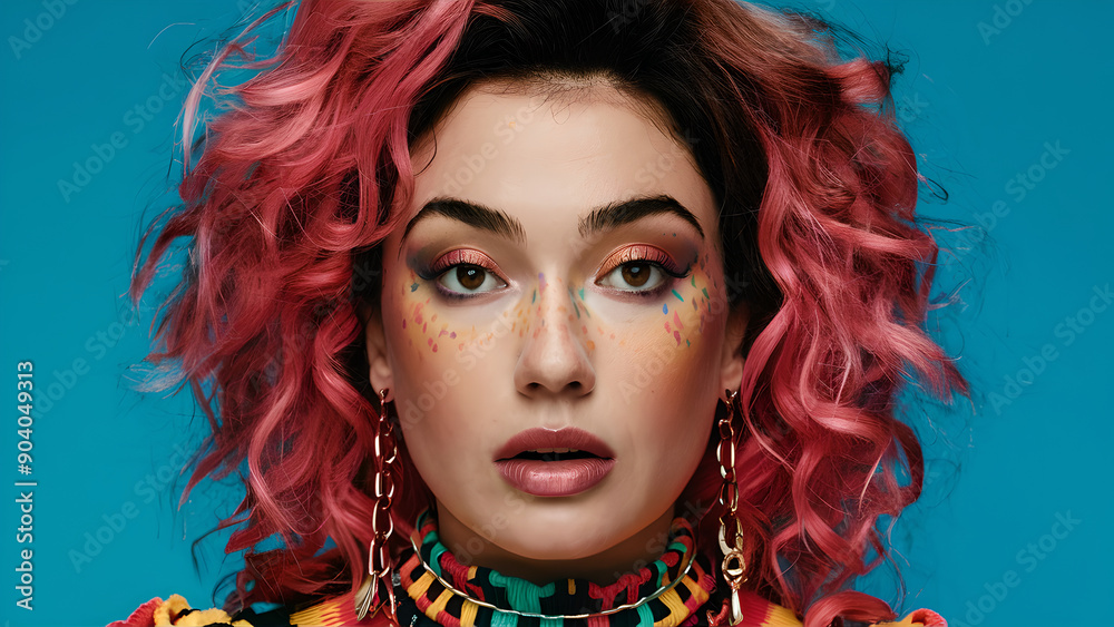 face closeup fashion woman colorful, the bold eclectic fashion styles of the Y2K era. dressed in the latest fashion trends of the time, including chunky shoes, low-rise pants face closeup fashion woman colorful, the bold eclectic fashion styles of the Y2K era. dressed in the latest fashion trends of the time, including chunky shoes, low-rise pants