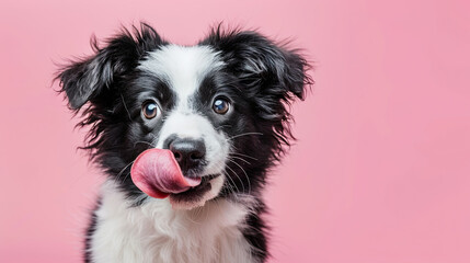 Funny and Hungry Shepherd Puppy Dog Eating and Licking Its Lips with Tongue, Isolated on Pink Pastel Background, Adorable Puppy Expression, Playful Dog Image, Cute Pet Photography, Light Pink Backdrop