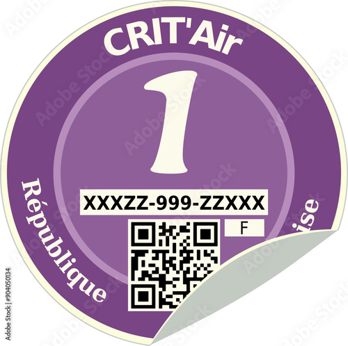 Crit'air sticker of purple classification 1 of low-polluting car of the French Republic with a fold in flat design style (cut out)