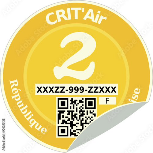 Crit'air yellow classification 2 sticker for polluting cars of the French Republic with a fold in flat design style (cut out)