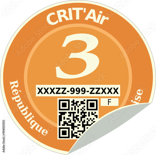 Crit'air sticker of orange classification 3 of polluting car of the French Republic with a fold in flat design style (cut out)