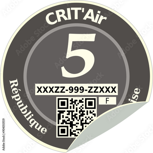 Crit'air vignette of gray classification 5 of very polluting car of the French Republic with a fold in the flat design style (cut out)