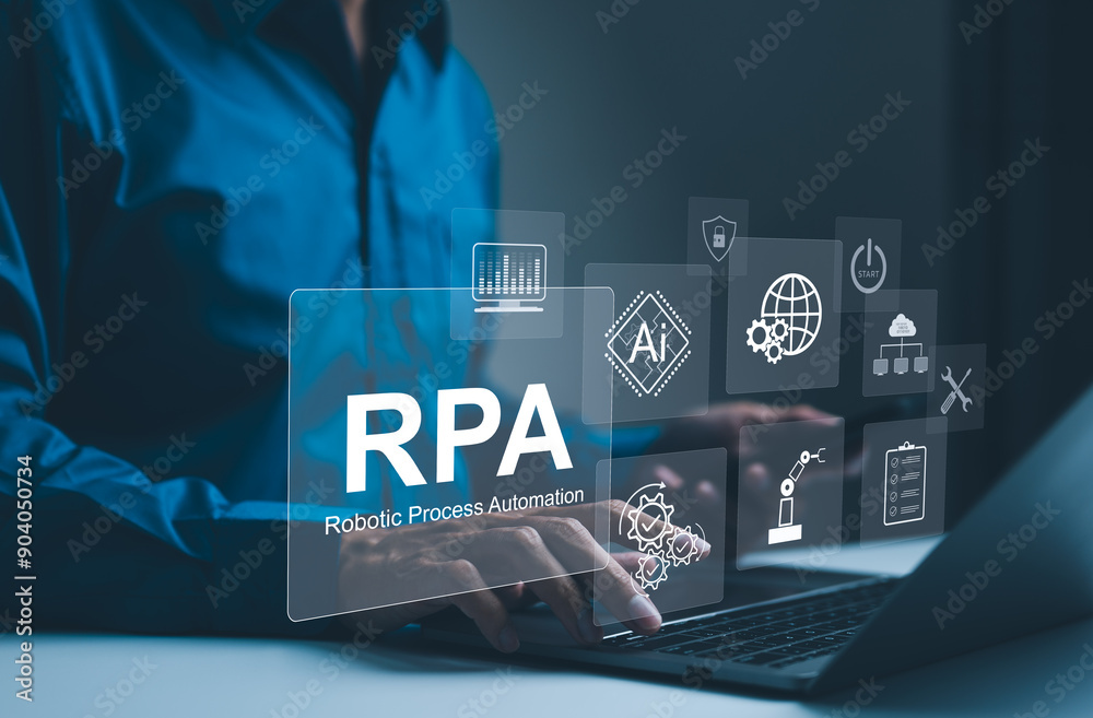 © Supatman - RPA, Robotic Process Automation Technology Concept. Businessman working on laptop with digital icons represent robotic process automation and AI, illustrating modern innovation and automation tech.