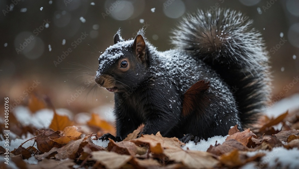 Black Squirrel on the ground with snow