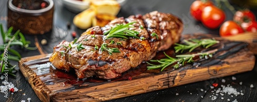 Delicious grilled steak garnished with fresh herbs, served on a rustic wooden board. Perfect for culinary delights and presentations.