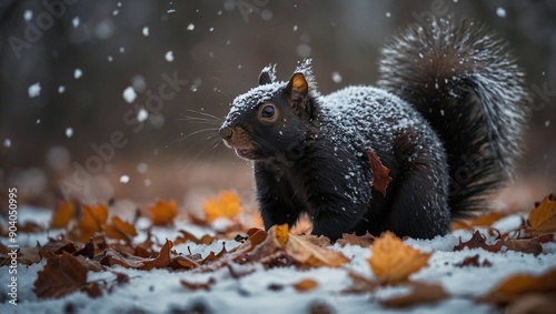 Black Squirrel on the ground with snow